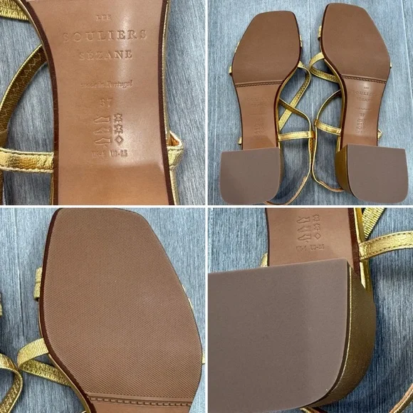 SEZANE PERNILLE SANDALS GOLD 37 6.5 Strappy Block Heel Square Toe Metallic Shoes - Picture 15 of 16
